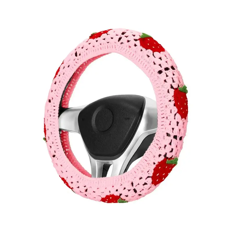 Crochet Strawberry Pattern Car Steering Wheel Cover, Cute Car Steering Wheel Protector, Universal Car Interior Decoration Acc...