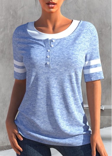 Modlily Light Blue Button Short Sleeve T Shirt - XL