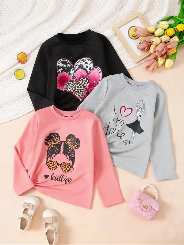 Girl's Heart & Letter Print Round Neck Tee, Casual Long Sleeve Crew Neck T-shirt for Spring & Fall, Kids Clothes for Daily We...