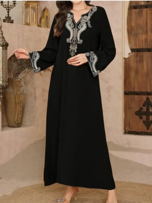 Women's Embroidery Long Sleeve Dress, Modest Long Dress for Holiday Vacation Daily Wear, Ladies Islamic Clothing for All Seas...