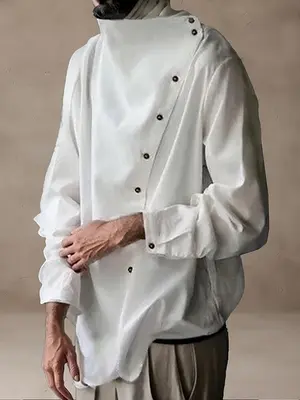 Stylish Slanted Button Placket Tops, White / XL