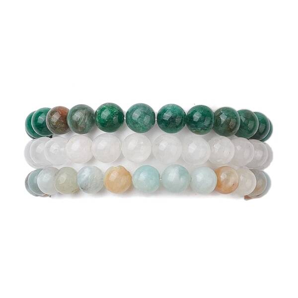3Pcs 3 Styles Natural Mixed Gemstone Round Beaded Stretch Bracelets Set