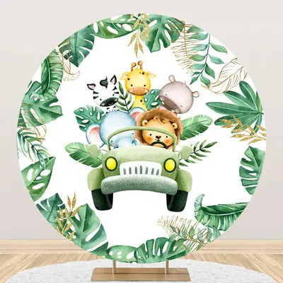 Round Safari Animal Green Truck Birthday Backdrop - Aperturee