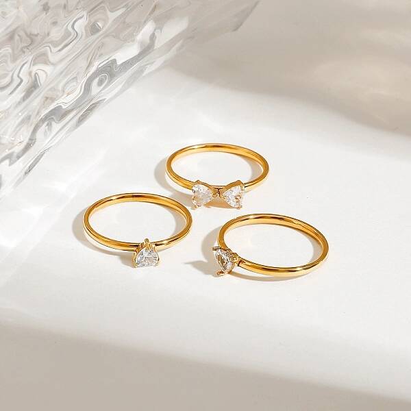 3Pcs 304 Stainless Steel Micro Pave Cubic Zirconia Ring Sets