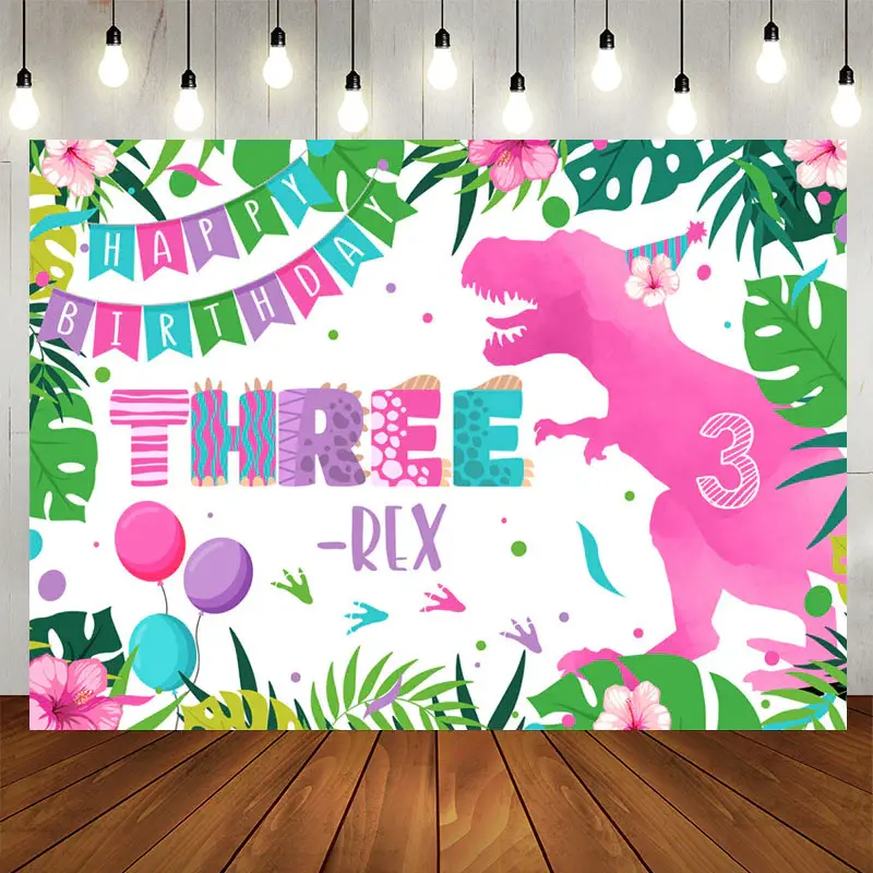 Aperturee Pink Dinosaur Three Birthday Backdrop For Girl