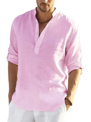 Cotton Linen Style Henley Shirt (US Only), Pink / 4XL