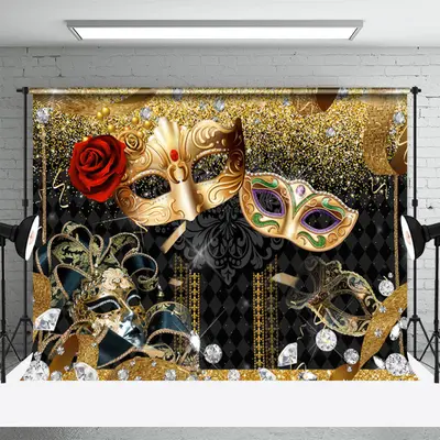 Gold Retro Mask Diamonds Masquerade Dance Backdrop - Aperturee