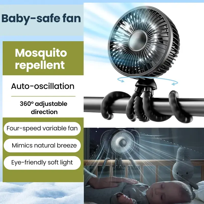 Gaiatop Baby Stroller Fan, Mosquito-Repellent Fan, Octopus Fan-4000mAh Oscillating Portable Fan with Light, 4 Speeds, Battery...