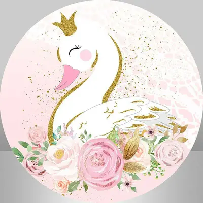 Aperturee Pink Floral And White Swan Round Girls Birthday Backdrop | Custom Round Backdrop | Round Birthday Backdrop Cover | ...