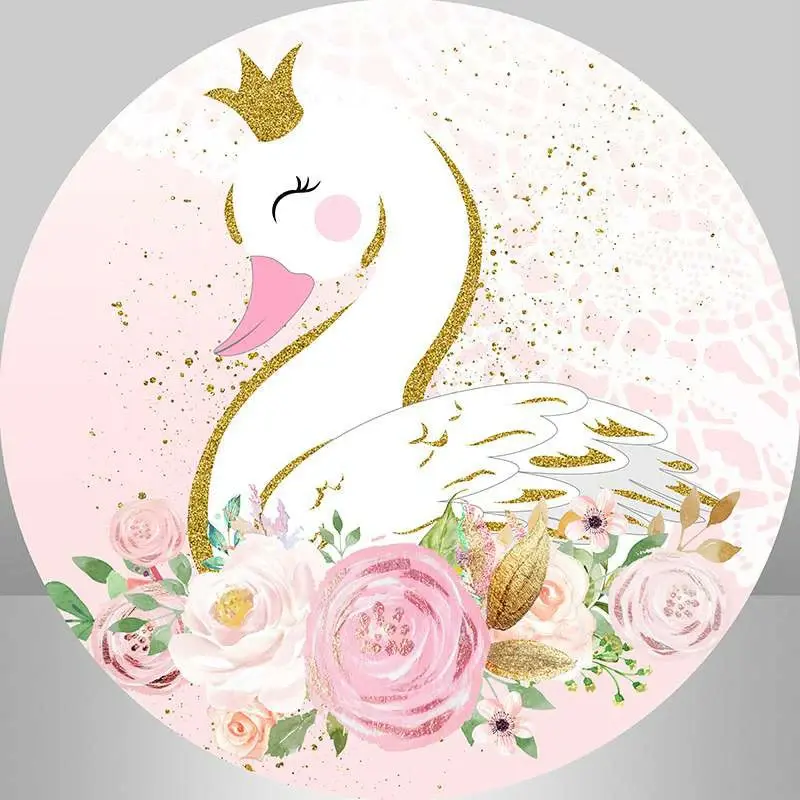 Aperturee Pink Floral And White Swan Round Girls Birthday Backdrop | Custom Round Backdrop | Round Birthday Backdrop Cover | ...