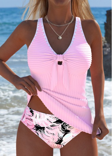 Modlily Mid Waisted Feathers Print Light Pink Tankini Set - XXL