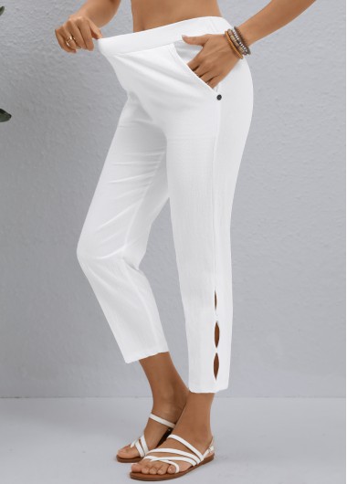 Modlily White Button Elastic Waist High Waisted Pants - XL