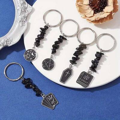 5Pcs Natural Obsidian Chip & Alloy Enamel Kcychain