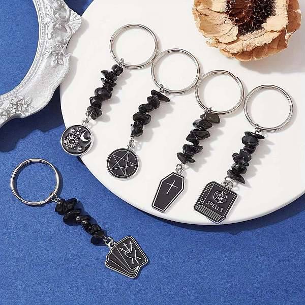5Pcs Natural Obsidian Chip & Alloy Enamel Kcychain
