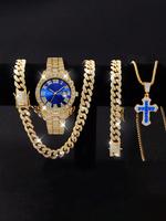 Men's Luxury Rhinestone Decorated Quartz Watch & Jewelry Set, Including Round Dial Watch & Bracelet & Necklace, Fashion Watch...