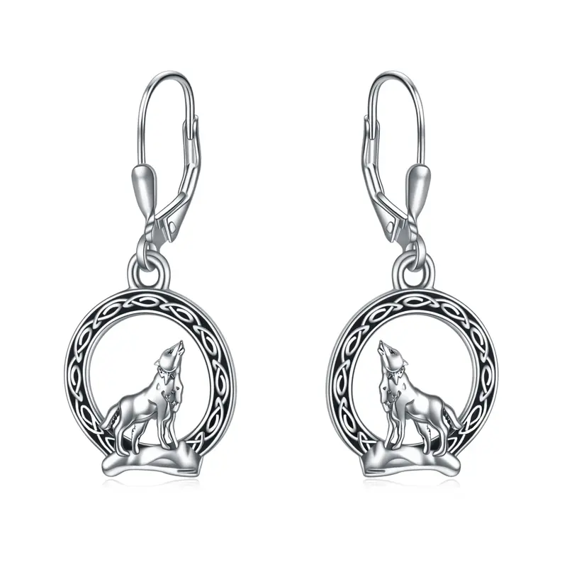 Sterling Silver Wolf & Celtic Knot Lever-back Earrings