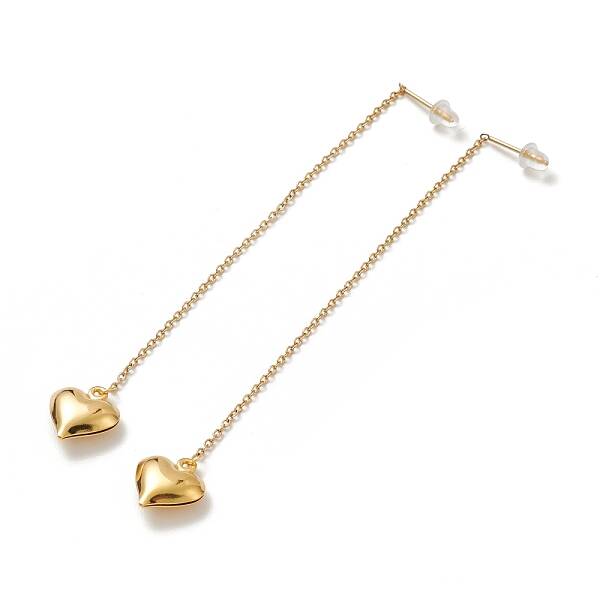 PVD Vacuum Plating 304 Stainless Steel Long Chain with Heart Dangle Stud Earrings for Women