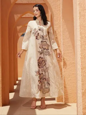 Traditional Style Embroidered Mesh Kaftan Dress for Women, Long Sleeve Maxi Dress, Elegant Middle Eastern Fashion, Perfect fo...