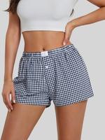 Women's Plaid Print Button Patched Straight Leg Shorts, Casual Comfy Elastic Waist Shorts for Summer, Fashion Women's Bottoms...