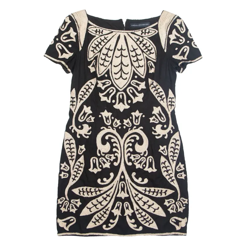 FRENCH CONNECTION Beaded Womens Day Dress Black Crazy Pattern Knee Length M