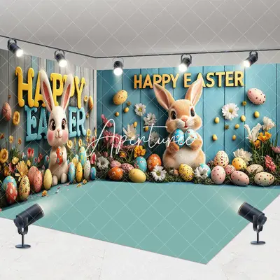 Aperturee Green Wood Wall Bunny Eggs Easter Room Set Backdrop, 7 x 7 ft / 10 x 7 ft / 10 x 7 ft, 247.5 USD, room set backdrop...