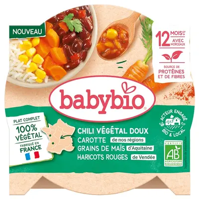 Babybio Vegetarian Midi Plate Sweet Vegetable Chile - 12 + months - Carrot, Corn Grains, Red Beans - ORGANIC 230G