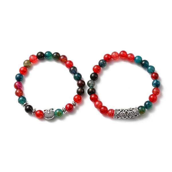Natural Agate Stretch Bracelets Set with Alloy Owl Beaded