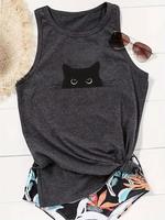 Women's Cat & Letter Print Round Neck Tank Top, Casual Sleeveless Top for Daily Wear, Ladies Clothes for All Seasons
