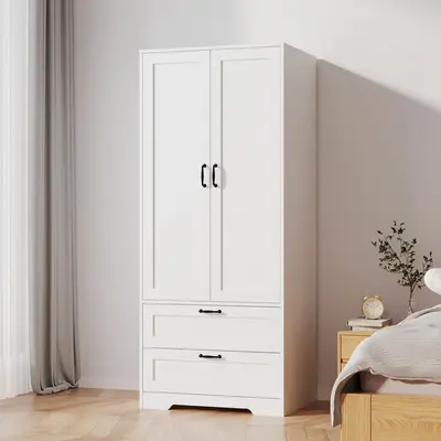 Armoire Wardrobe Closet with 2 Drawers, Modern Wooden Bedroom Armoire with Doors, Clothing Storage Cabinet with Hanging Rod,...