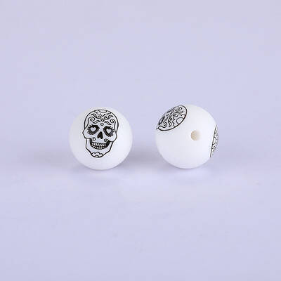 Printed Round with Skull Pattern Silicone Focal Beads