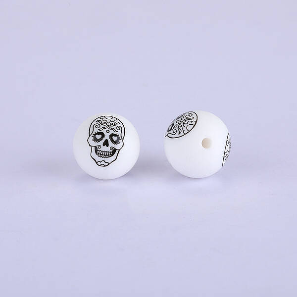 Printed Round with Skull Pattern Silicone Focal Beads