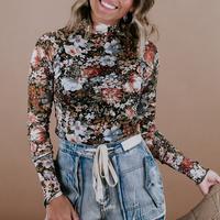 Women's Sheer Floral Mesh Top Long Sleeve Mock Neck Fitted Blouse - Chic Sexy Going Out Shirt Piece Outfit Spring Style Comfo...