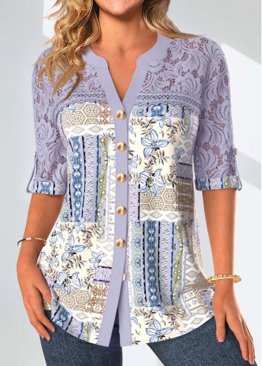 Modlily Dusty Purple Patchwork 3/4 Sleeve Split Neck Blouse - M