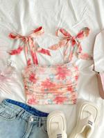 Women's Floral Print Ruched Tie Shoulder Crop Cami Top, Boho Comfy Fit Bohemian Style Fabric Sleeveless Square Neck Crop Top ...