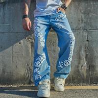 New Men Streetwear Letter embroidery Loose Straight Jeans High Quality Men Solid Casual Denim Pants