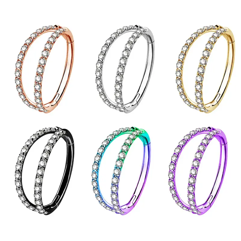 Oufer 18G Hinged Segment CZ Double Nose Hoop Ring - Sparkling Cubic Zirconia Stones on 316L Stainless Steel - Available in Mu...