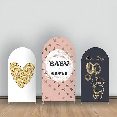 Pink Golden Star Heart Bear Black Arch Backdrop Kit - Aperturee