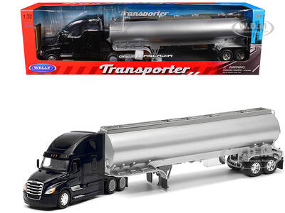Freightliner Cascadia Truck Black with Silver Tanker Trailer Transporter Series 1/32 Diecast Model by Welly