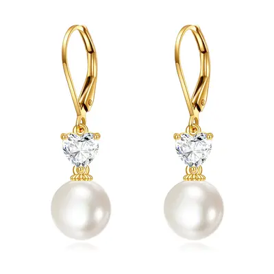 14K Yellow Gold Heart Moissanite &Circular Pearl Bead Lever-back Earrings