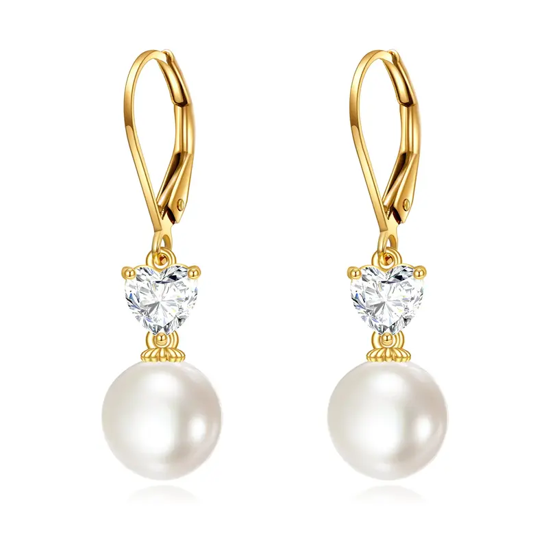 14K Yellow Gold Heart Moissanite &Circular Pearl Bead Lever-back Earrings