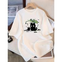 Y2K-Inspired Cute Cat & Bird Cartoon Print Short Sleeve T-Shirt for Women - Slim Fit, Breathable, Crew Neck, Perfect for Spri...