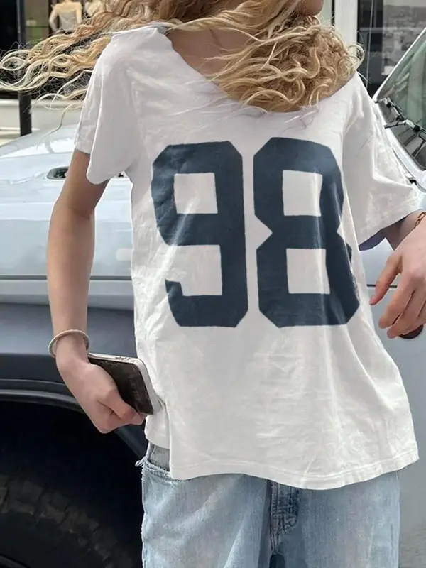 Women's Number 98 Print Drop Shoulder Tee, Casual Fit Brandy Melville Short Sleeve Round Neck T-shirt for Summer, Fashio...