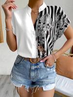 Women's Colorblock Floral Print Notched Neck Shirt, Casual Short Sleeve Button Front Top for Daily Wear, Ladies Clothes for A...