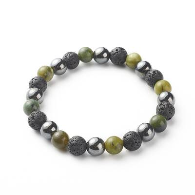 Natural Jade & Lava Rock & Synthetic Hematite Round Beaded Stretch Bracelet