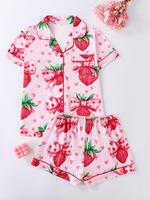 Women's Strawberry & Heart Print Lapel Neck Shirt & Shorts Pyjama Two-piece Set, Ladies Sleepwear for All Seasons, Loungewear...