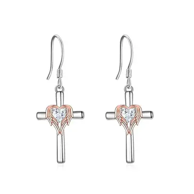 Sterling Silver Two-tone Heart Shaped Cubic Zirconia Angel Wing & Cross Drop Earrings