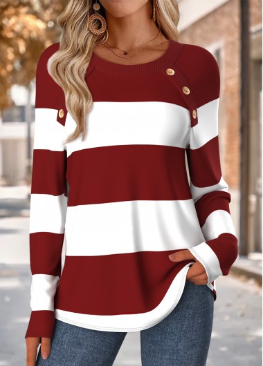 Modlily Wine Red Tummy Coverage Striped Long Sleeve T Shirt - XL