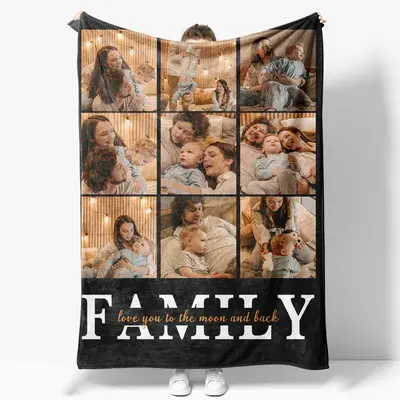 Aperturee Black Personalized Family Photo Warm Text Blanket - Aperturee