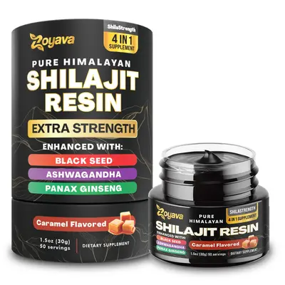 Zoyava Shilajit Resin: Pure Himalayan All-in-One Supplement with Extra Strength Ingredients - Caramel Flavored