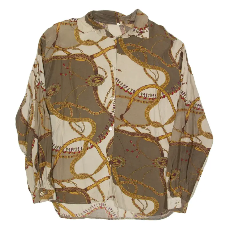 Womens Printed Shirt Brown Collared Long Sleeve Crazy Pattern L